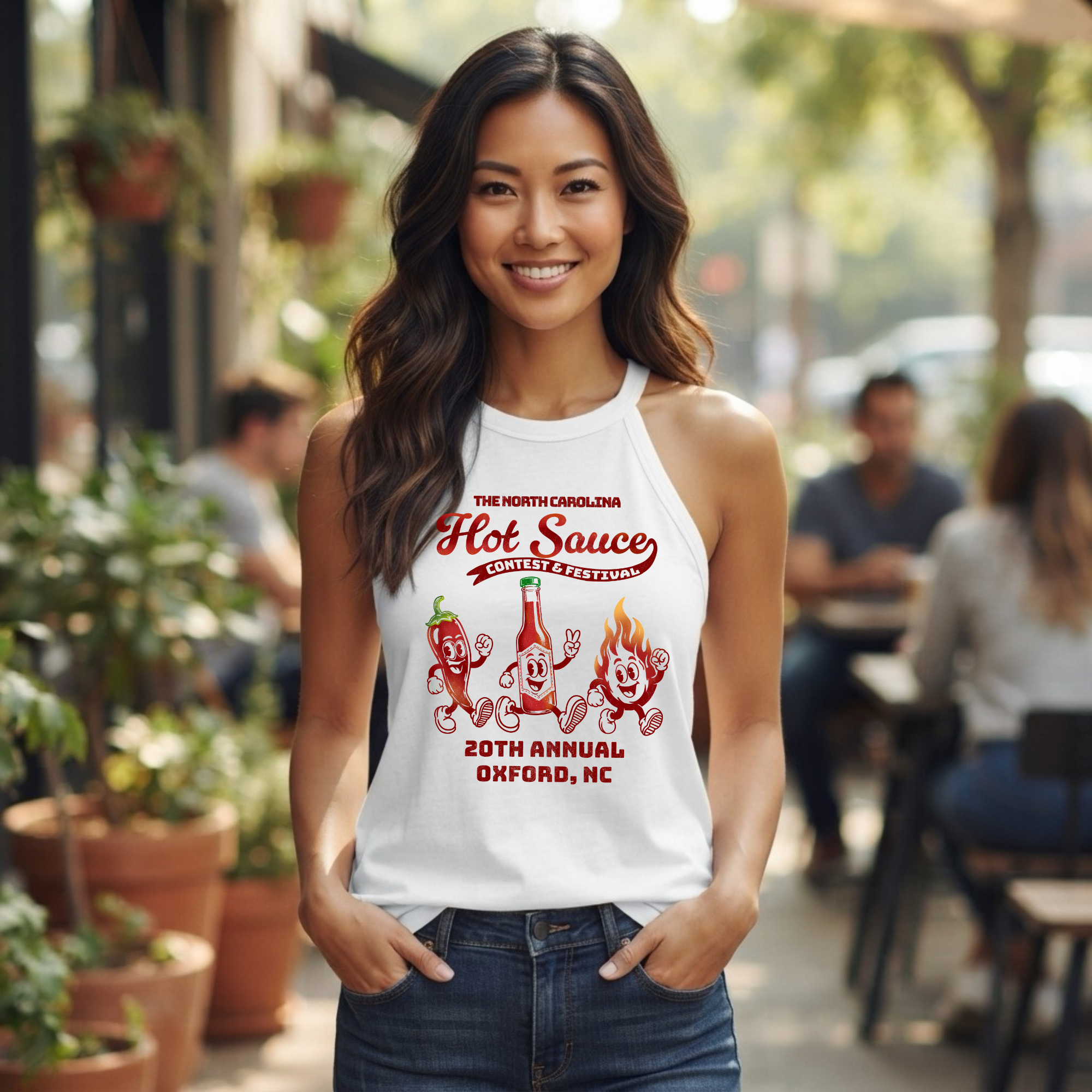 Winks Design Studio retro character halter tank top featuring vibrant hot sauce festival design and bold graphic print.