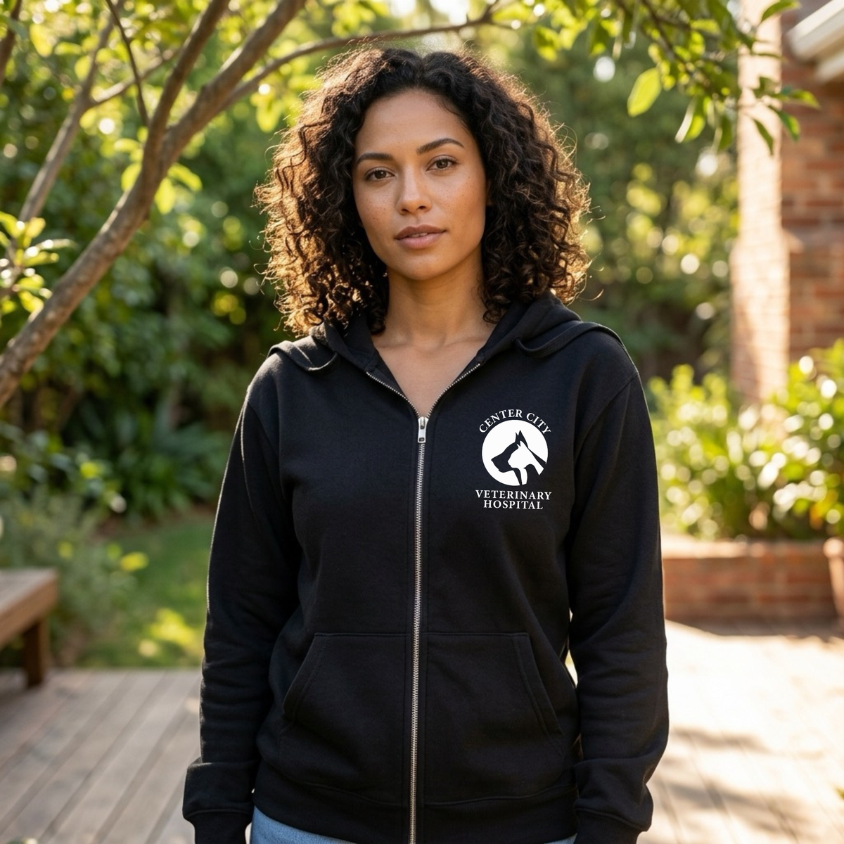 Winks Design Studio Center City Vet full zip hoodie, showing front view with hood and zip closure, in a casual style.