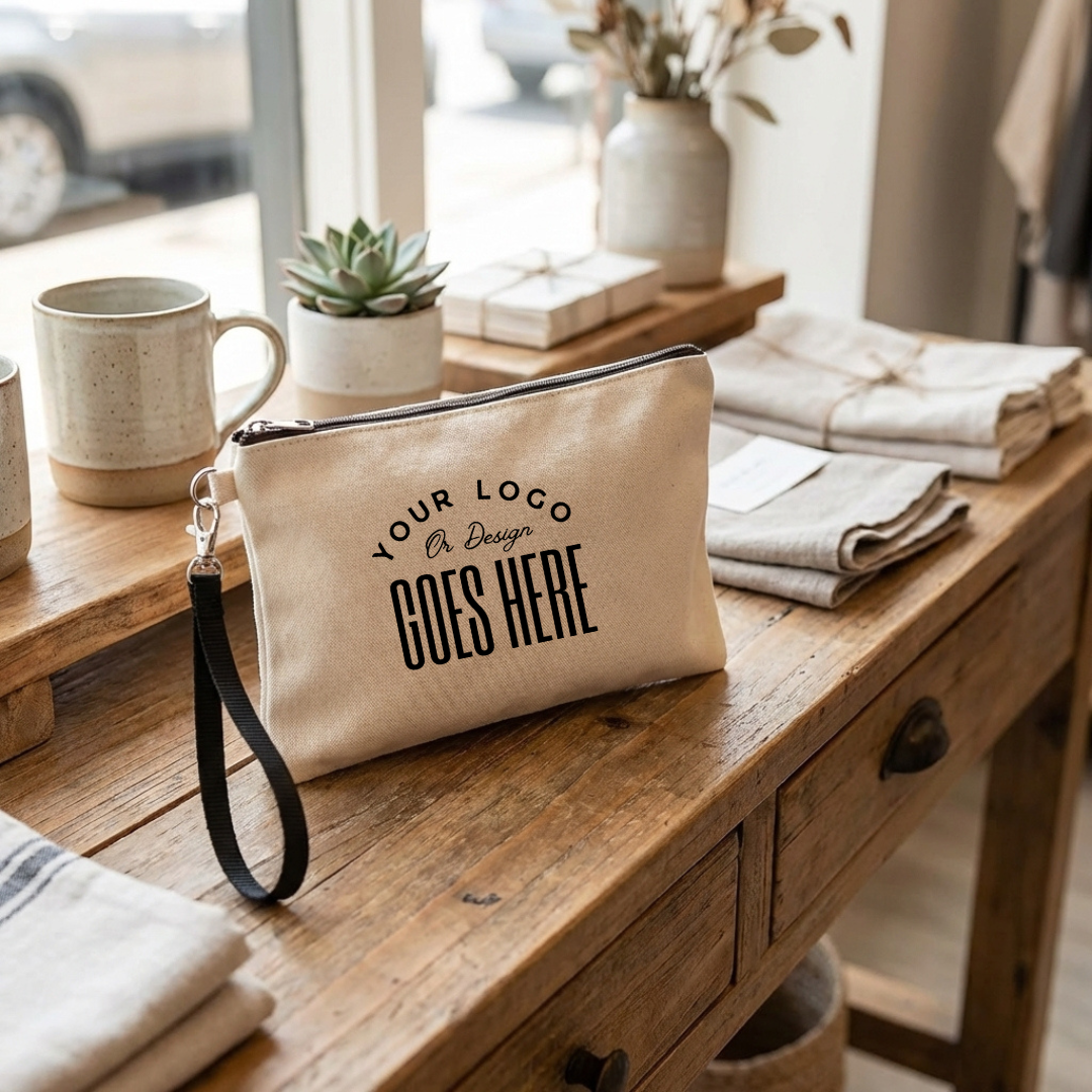 Custom cosmetic bag with wrist strap from Winks Design Studio, LLC, featuring a stylish design and compact storage.