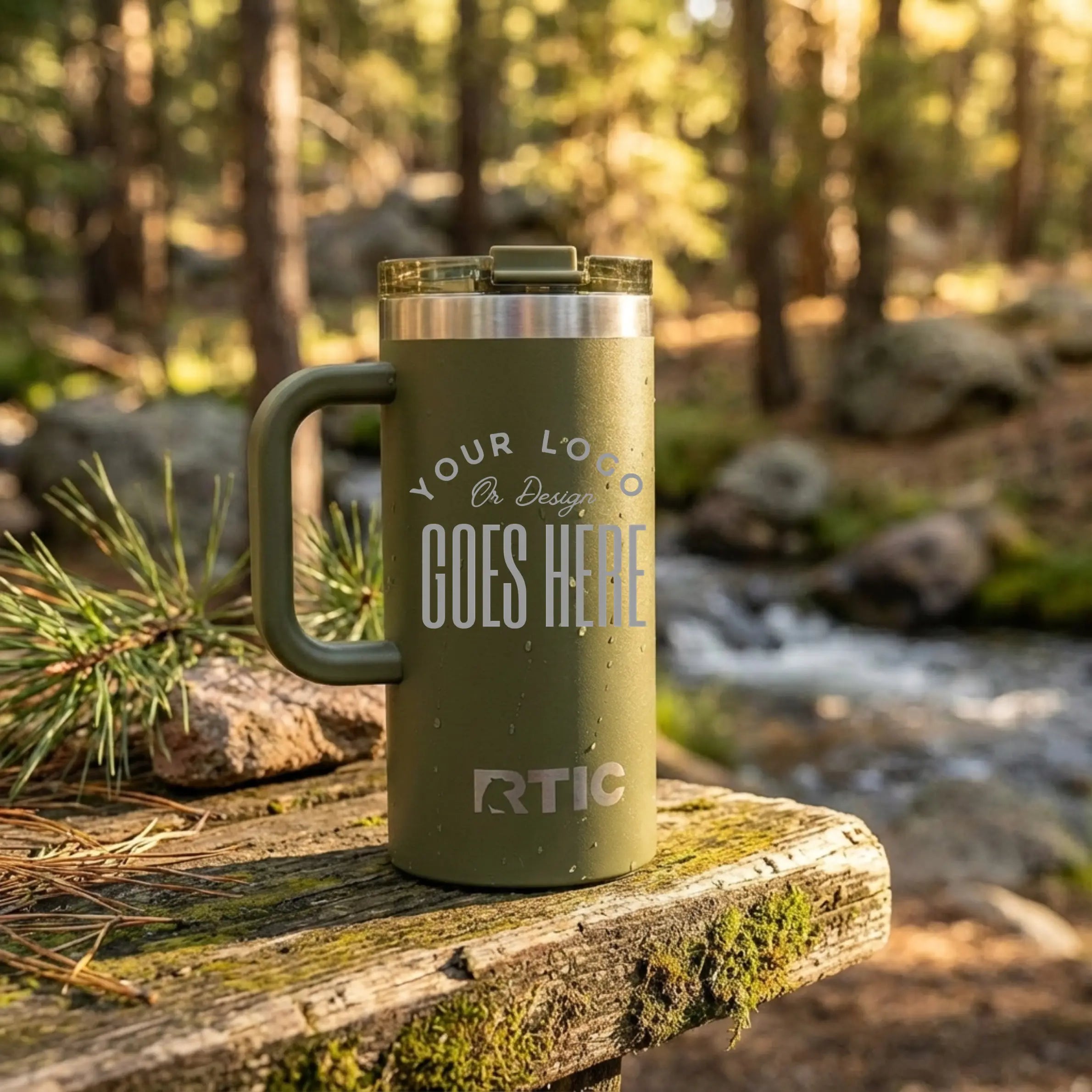 Custom engraved RTIC 16oz travel mug with sleek drinkware design by Winks Design Studio, LLC, featuring a personalized engraved pattern.