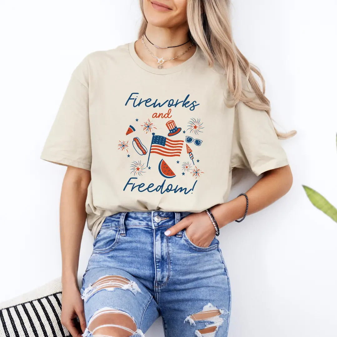 Fireworks and Freedom T-shirt by Winks Design Studio, LLC featuring a patriotic graphic with fireworks and liberty symbols.