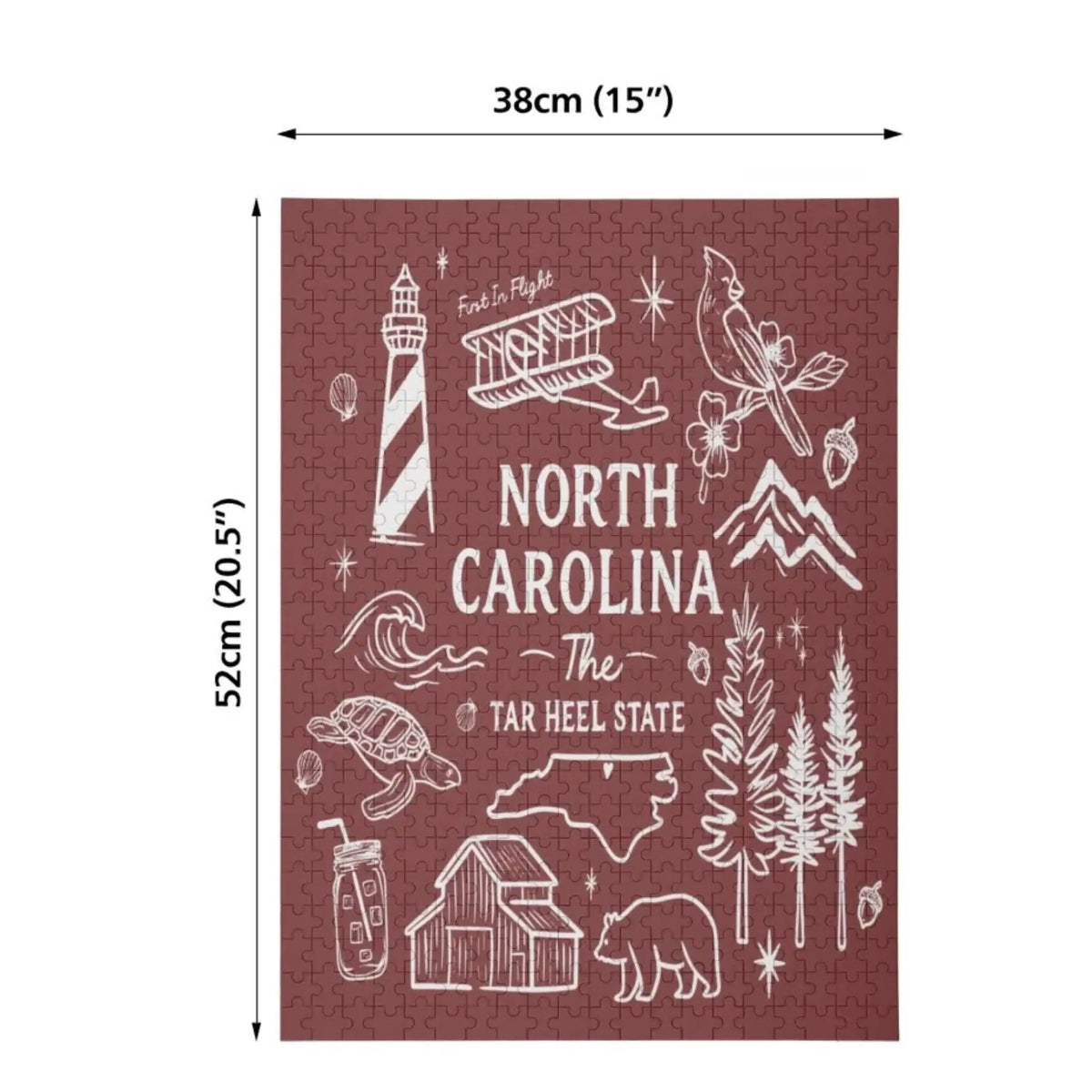 Wooden North Carolina "Tar Heel State" puzzle by Winks Design Studio, LLC with 500 pieces, featuring a detailed map of the state.