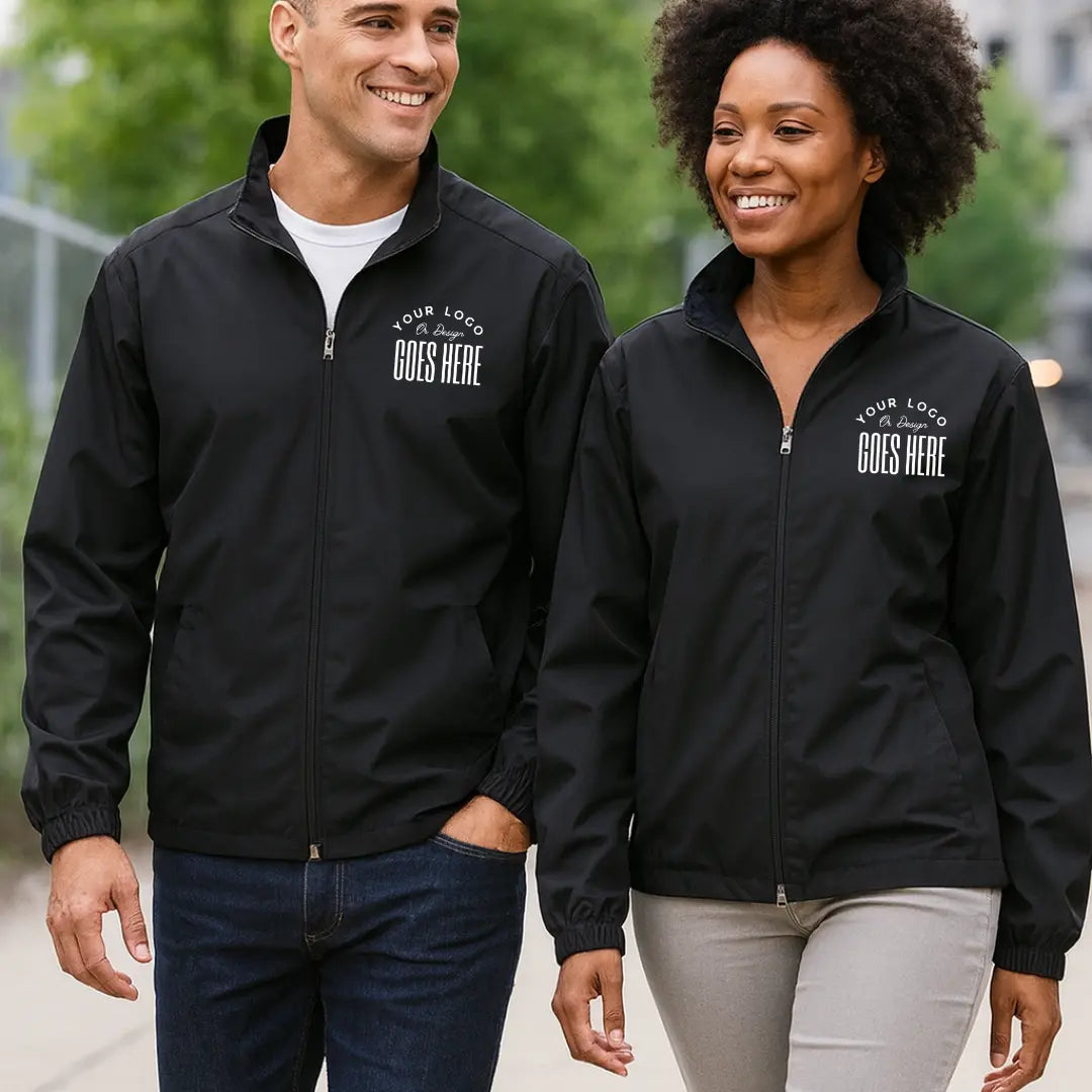 Custom Port Authority Essential Jacket by Winks Design Studio, LLC, shown in a sleek, tailored jacket with a front zipper and stand-up collar.