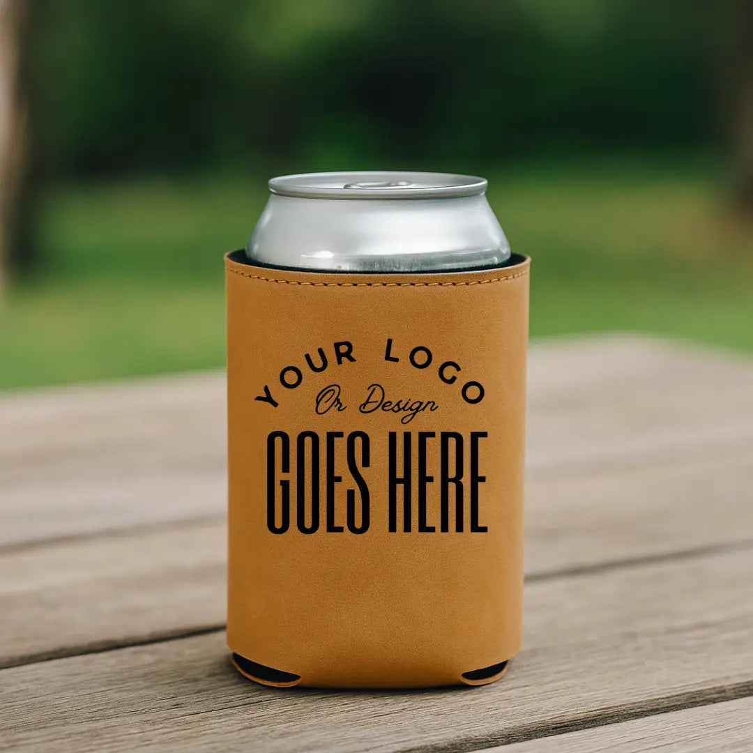 Custom leather can sleeve by Winks Design Studio, LLC, featuring a sleek, handcrafted design for holding beverage cans.