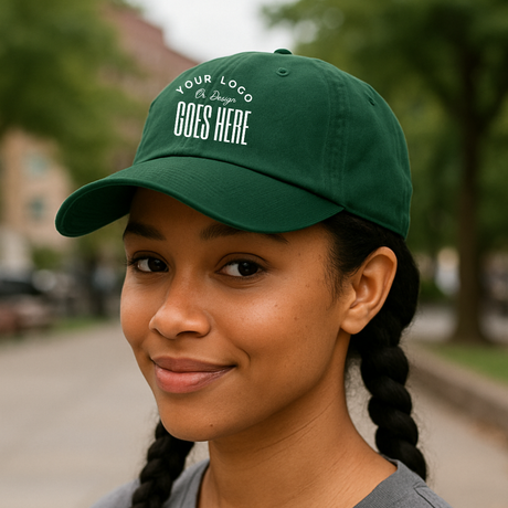 Green cap with customizable text worn by a person outdoors