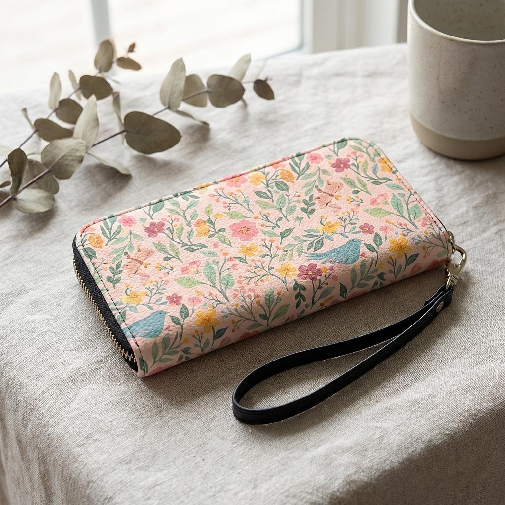 Winks Design Studio LLC Storybook Garden leather wallet with multiple card slots and floral design on brown leather.