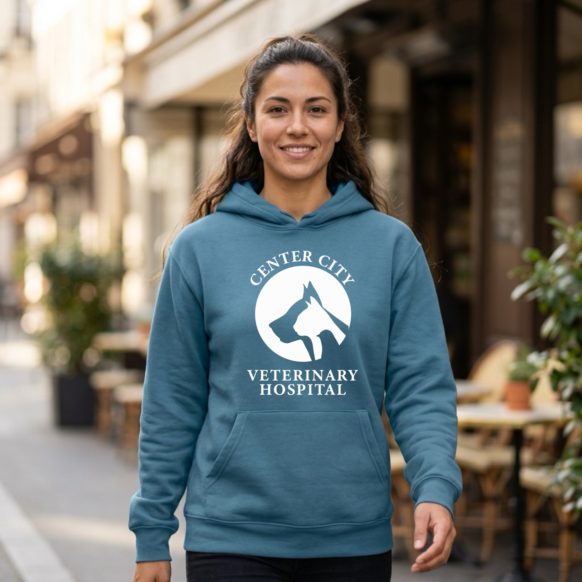Winks Design Studio Center City Vet front pouch hoodie, gray sweatshirt with front kangaroo pocket and casual fit.