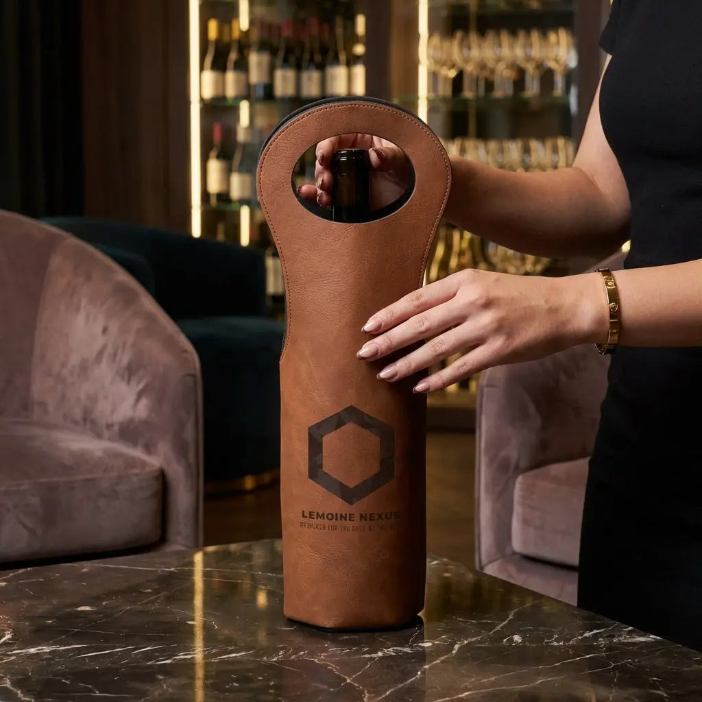 Custom leather wine tote sleeve by Winks Design Studio, LLC, featuring a sleek, handcrafted design for carrying wine bottles.