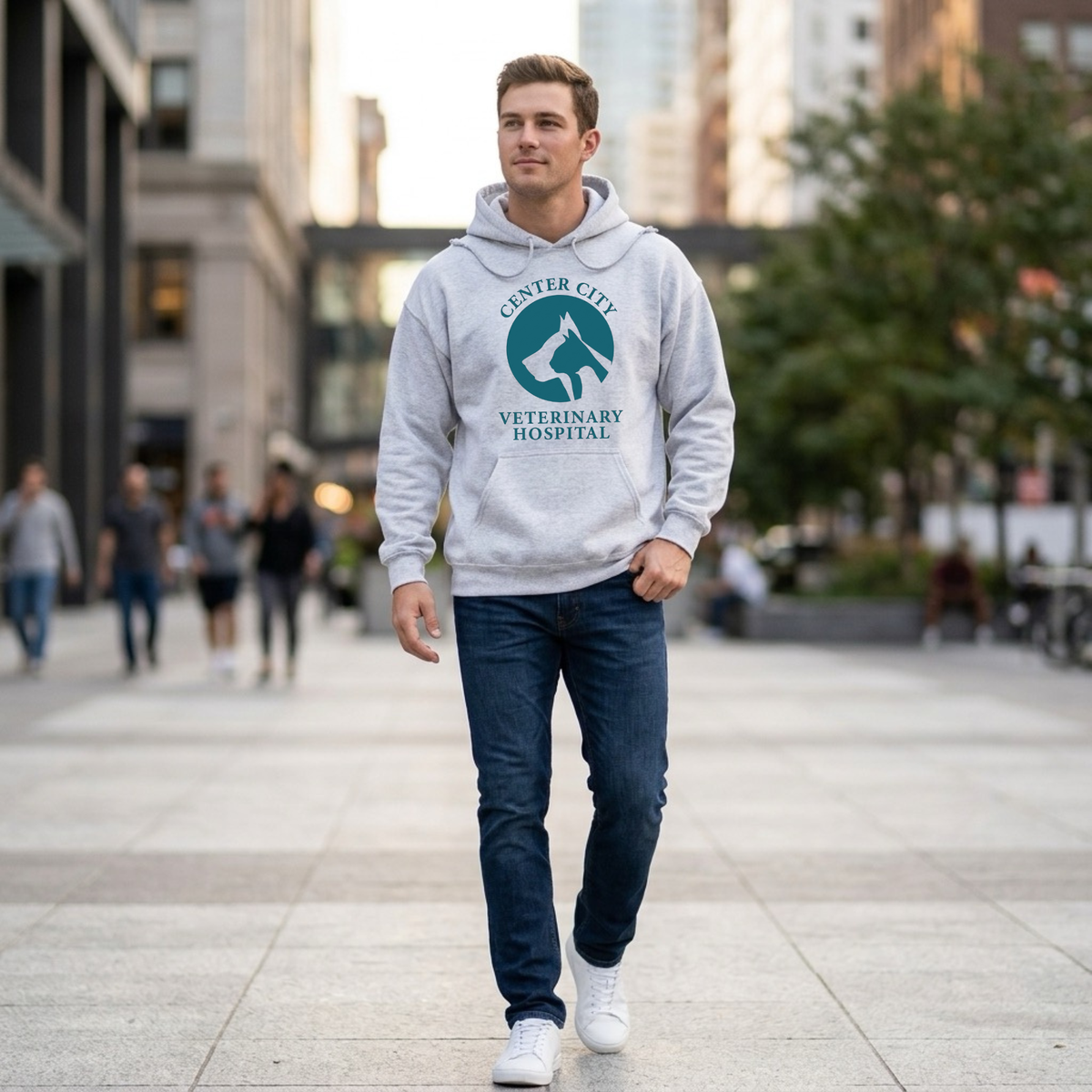 Winks Design Studio Center City Vet front pouch hoodie in gray showing a cozy, casual fit with a front kangaroo pocket.