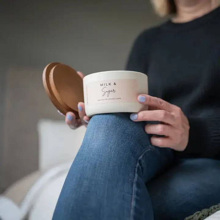 Winks Design Studio Milkhouse Candle Milk & Sugar 10 oz statement candle with creamy white wax and simple label design
