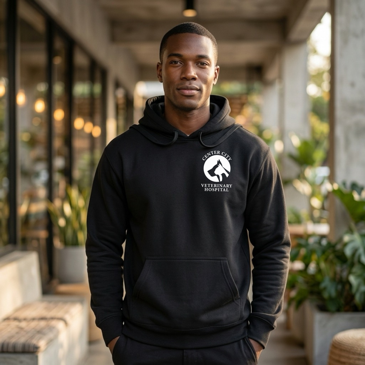 Winks Design Studio Center City Vet front pouch hoodie showing a cozy gray hoodie with front pocket and vet-themed design.