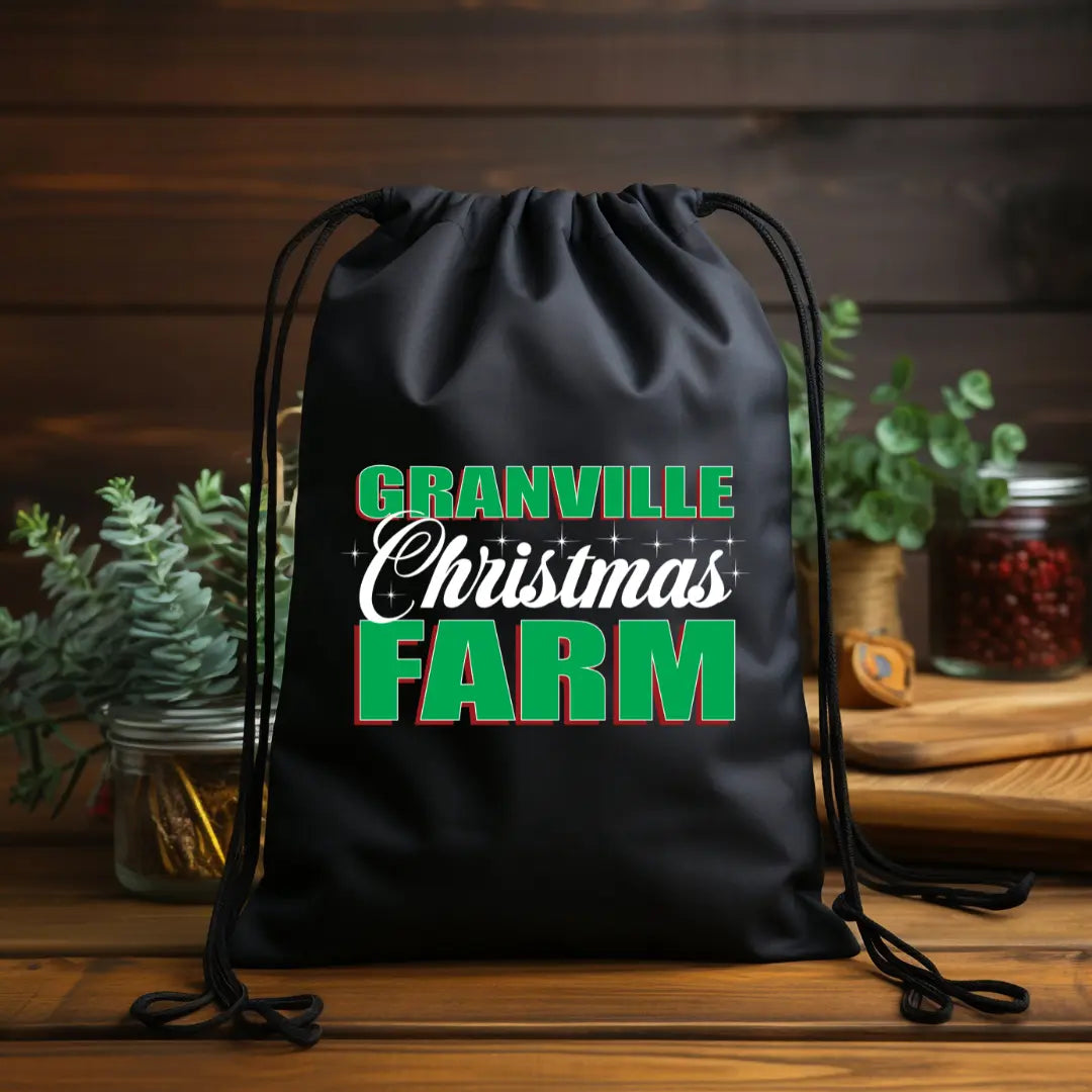 Granville Christmas Farm cinch bag by Winks Design Studio, LLC featuring festive farm-themed holiday print and drawstring closure.