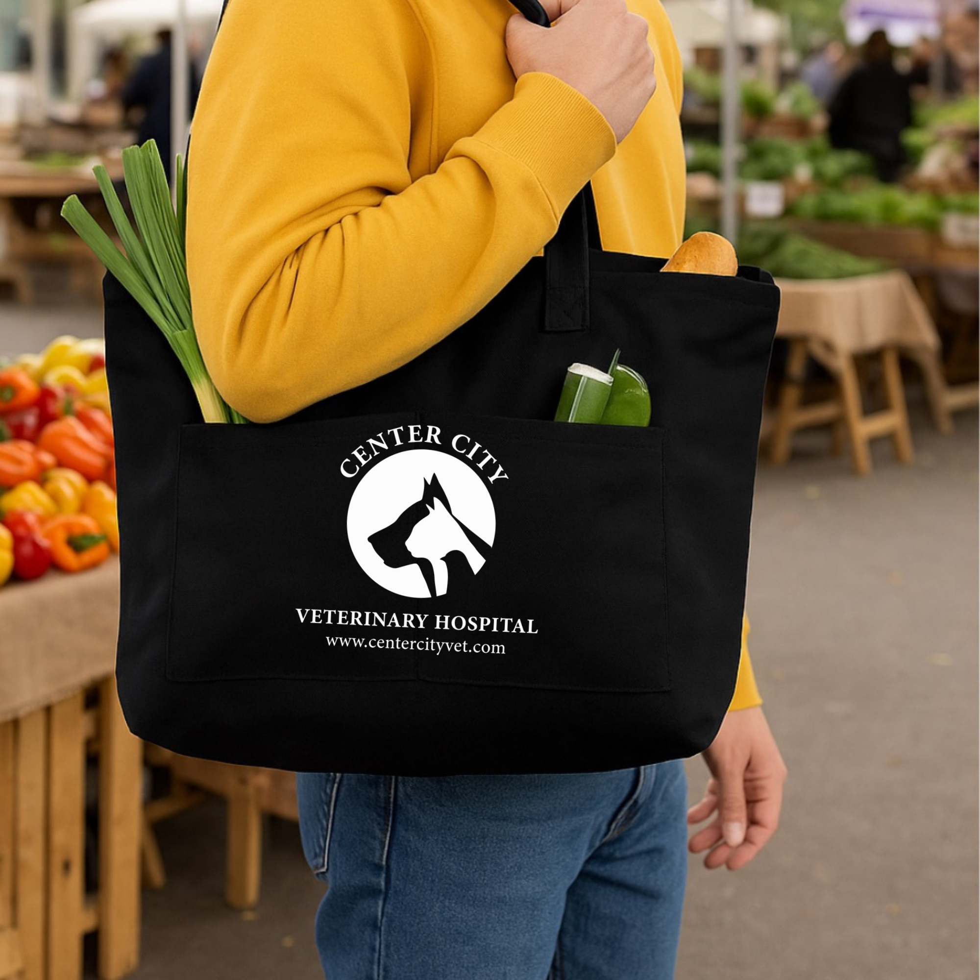 Winks Design Studio Center City Vet tote bag with colorful cityscape print and sturdy handles, ideal for everyday use.