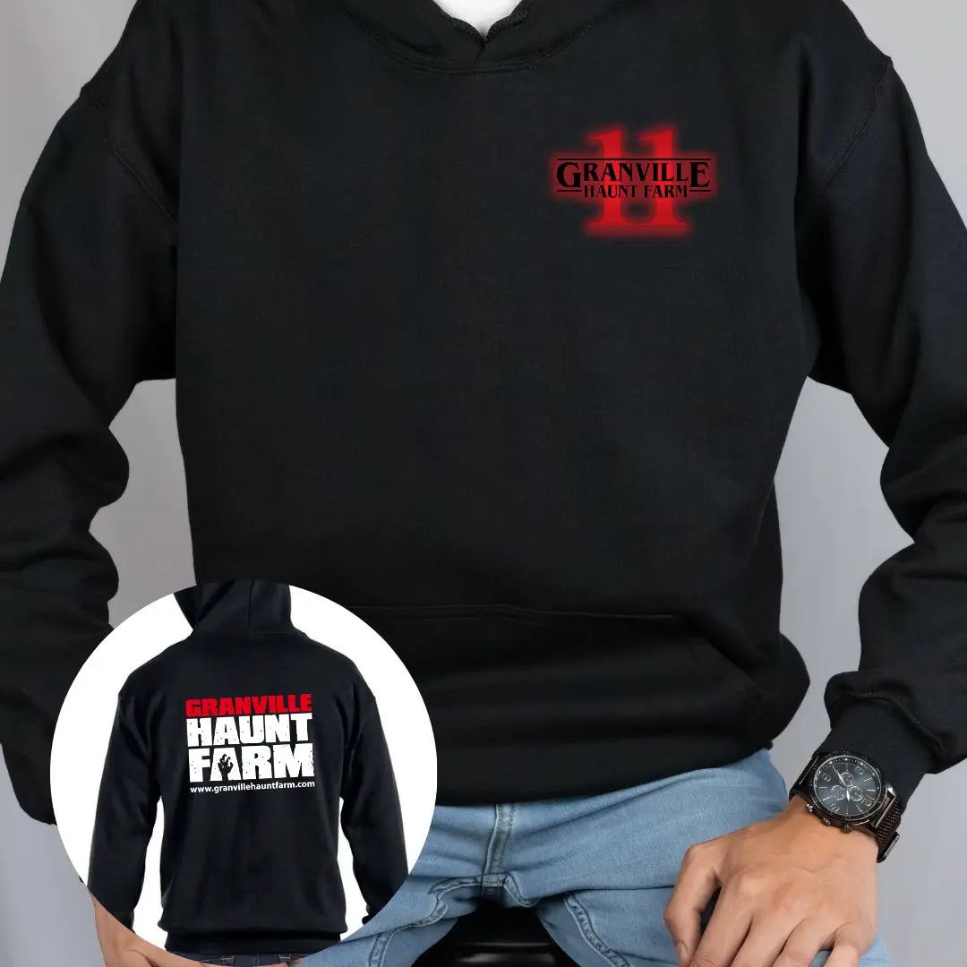Winks Design Studio Granville Haunt Farm Eleven front pouch hoodie in black with graphic print and comfortable fit.