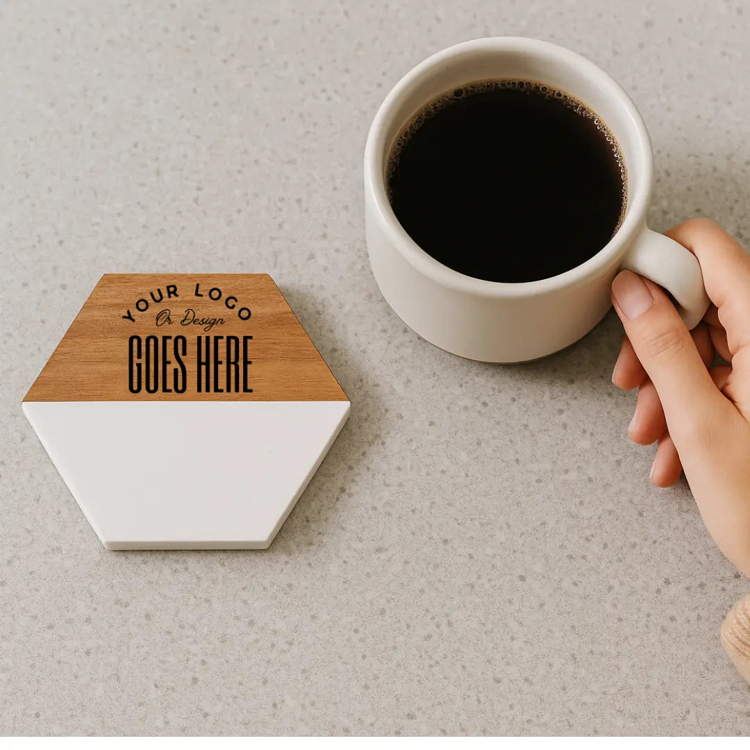 Set of three custom engraved marble coasters featuring intricate designs, from Winks Design Studio, LLC.
