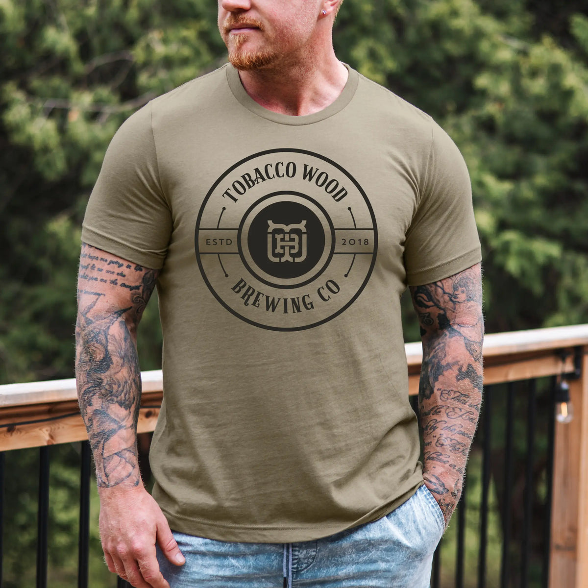 Tobacco Wood Brewing Circular T-shirt by Winks Design Studio, LLC showing a front view of the casual graphic T-shirt with brewing design.