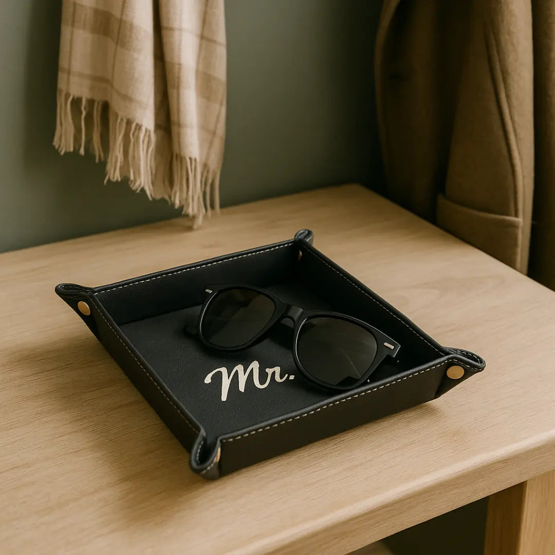 Custom engraved valet tray by Winks Design Studio, LLC with a wooden finish and personalized design for organizing keys and accessories.