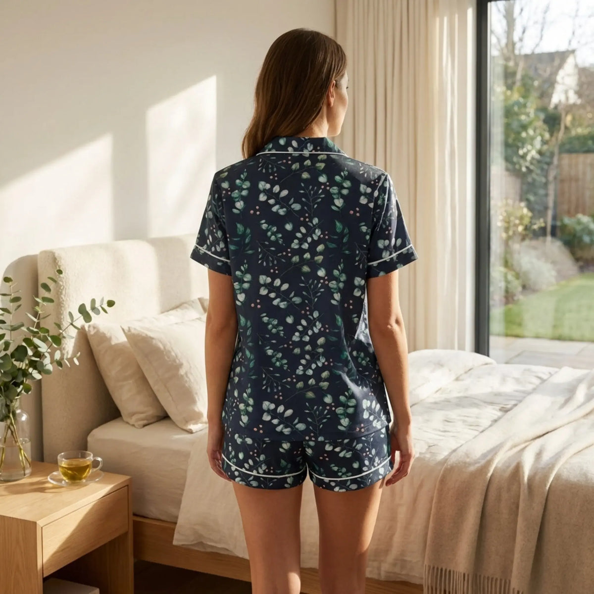 Eucalyptus floral pajama set by Winks Design Studio, LLC, featuring a 2-piece lounge pajamas with eucalyptus and floral print.