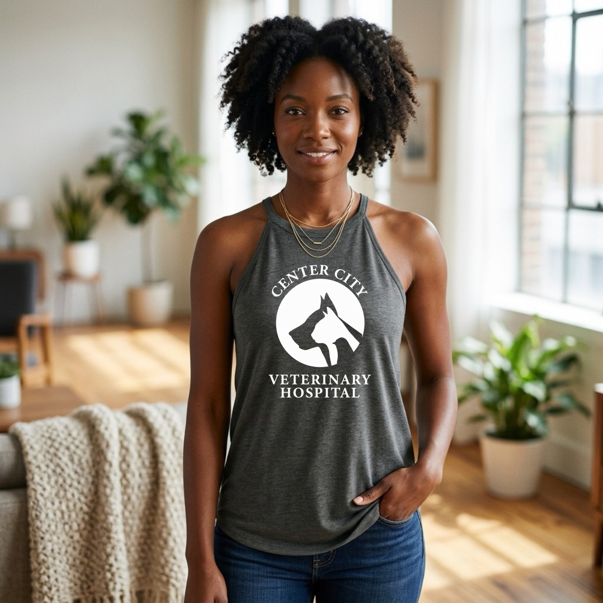 Winks Design Studio LLC Center City Vet Halter Tank top in black, front view showing halter neckline and casual fit.