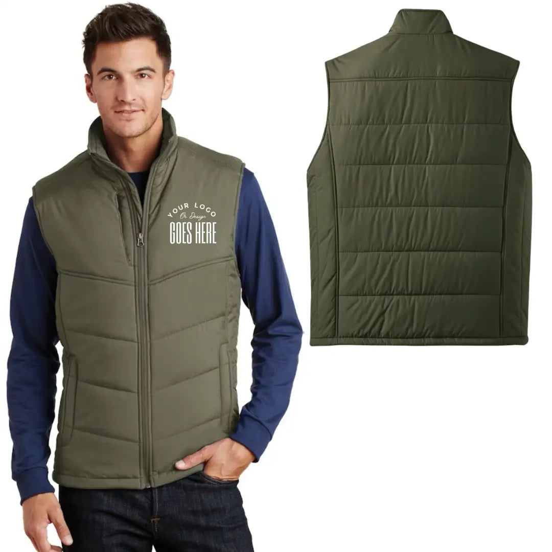 Winks Design Studio LLC custom Port Authority puffy vest in navy with front zipper and stand collar, lightweight and insulated.