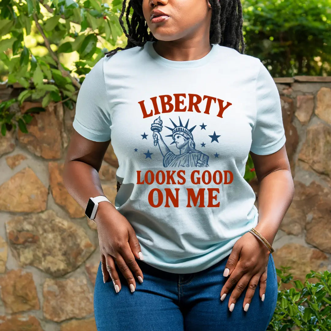 Winks Design Studio Liberty Looks Good T-shirt in black with white text, casual fit, short sleeves, and round neckline.