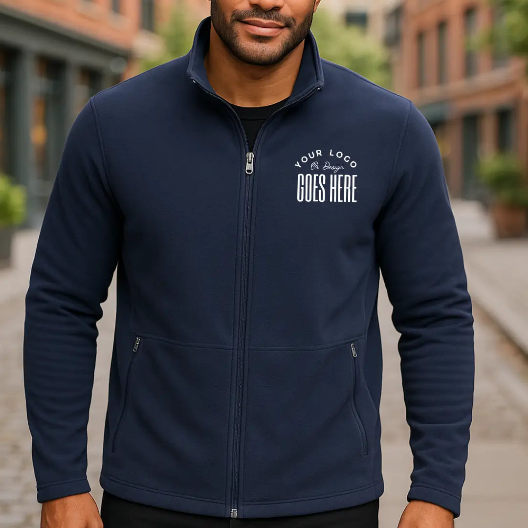 Custom Port Authority Accord Microfleece jacket by Winks Design Studio, LLC, shown in a cozy fleece fabric with a full front zipper and stand collar.