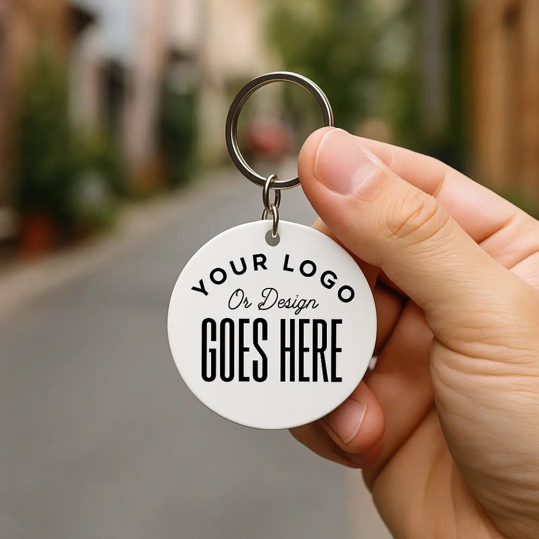Custom sublimation keychain featuring a colorful design, made by Winks Design Studio, LLC, with a durable metal keyring.
