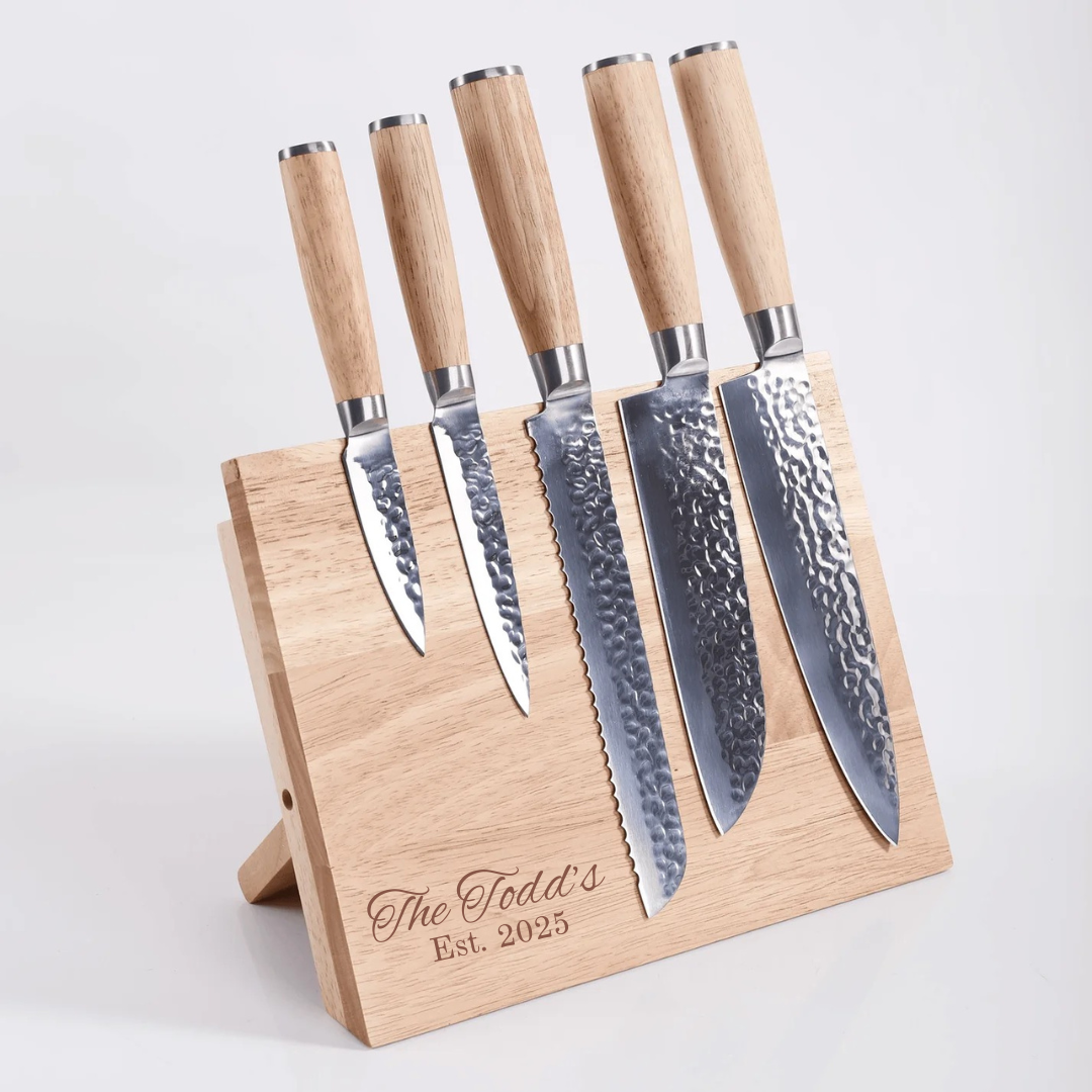 Custom Engraved 6-Piece Chef Knife Set with Magnetic Rubberwood Block - Winks Design Studio,LLC
