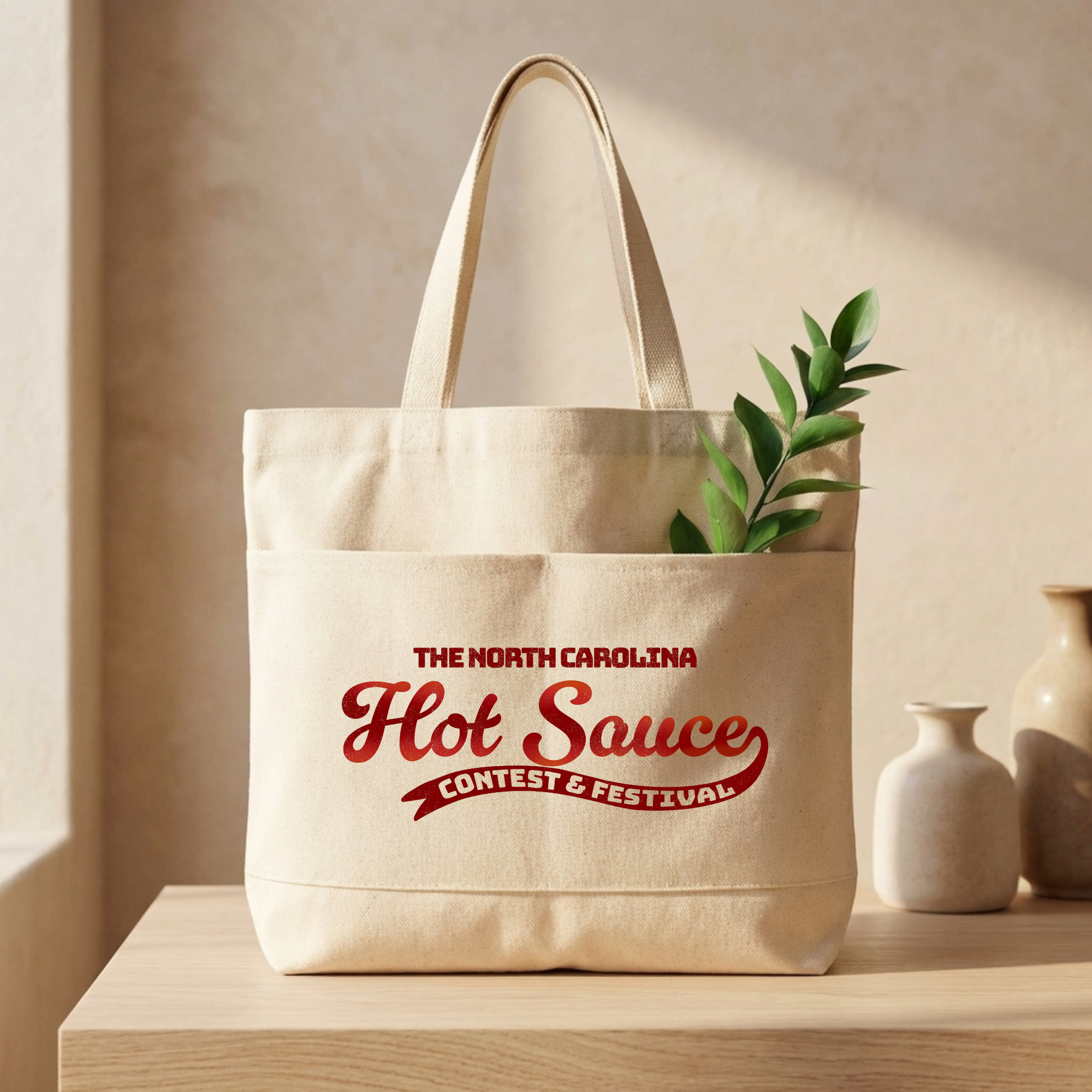 Winks Design Studio NC Hot Sauce Festival retro character tote bag with colorful vintage-style graphic and sturdy fabric handles.