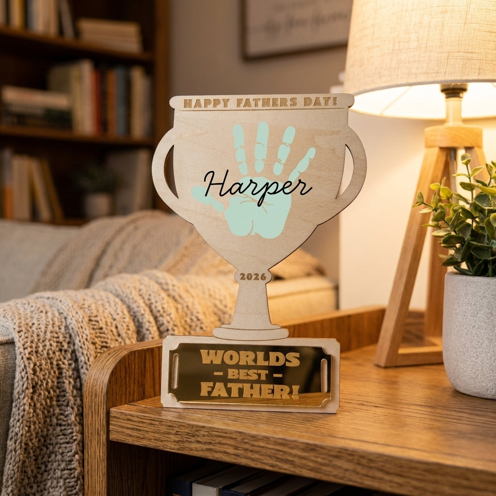Workshop image of the Best Father Trophy by Winks Design Studio, LLC, featuring a crafted award with engraved details.