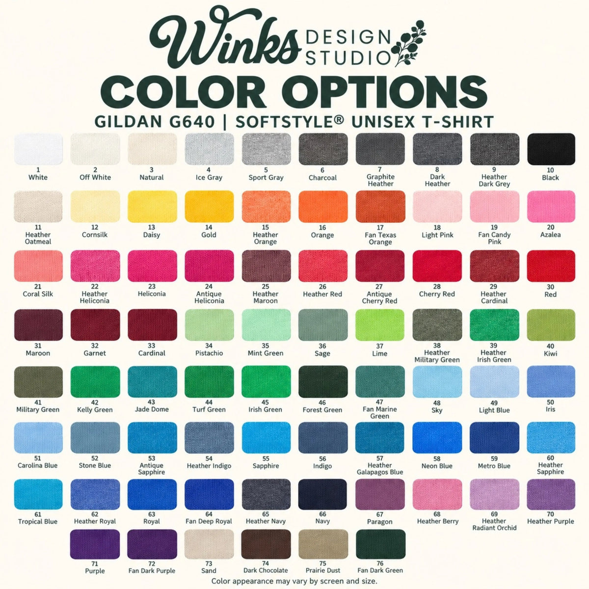 Shopify:
Winks Design Studio softstyle unisex t-shirt color chart with 76 colors, from neutrals and heathers to brights and deep tones
