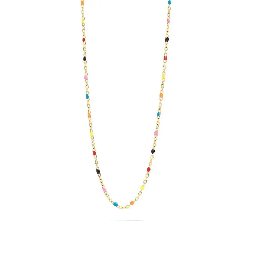 18K gold multi confetti chain necklace by Winks Design Studio featuring colorful, irregularly shaped gold charms on a delicate chain.