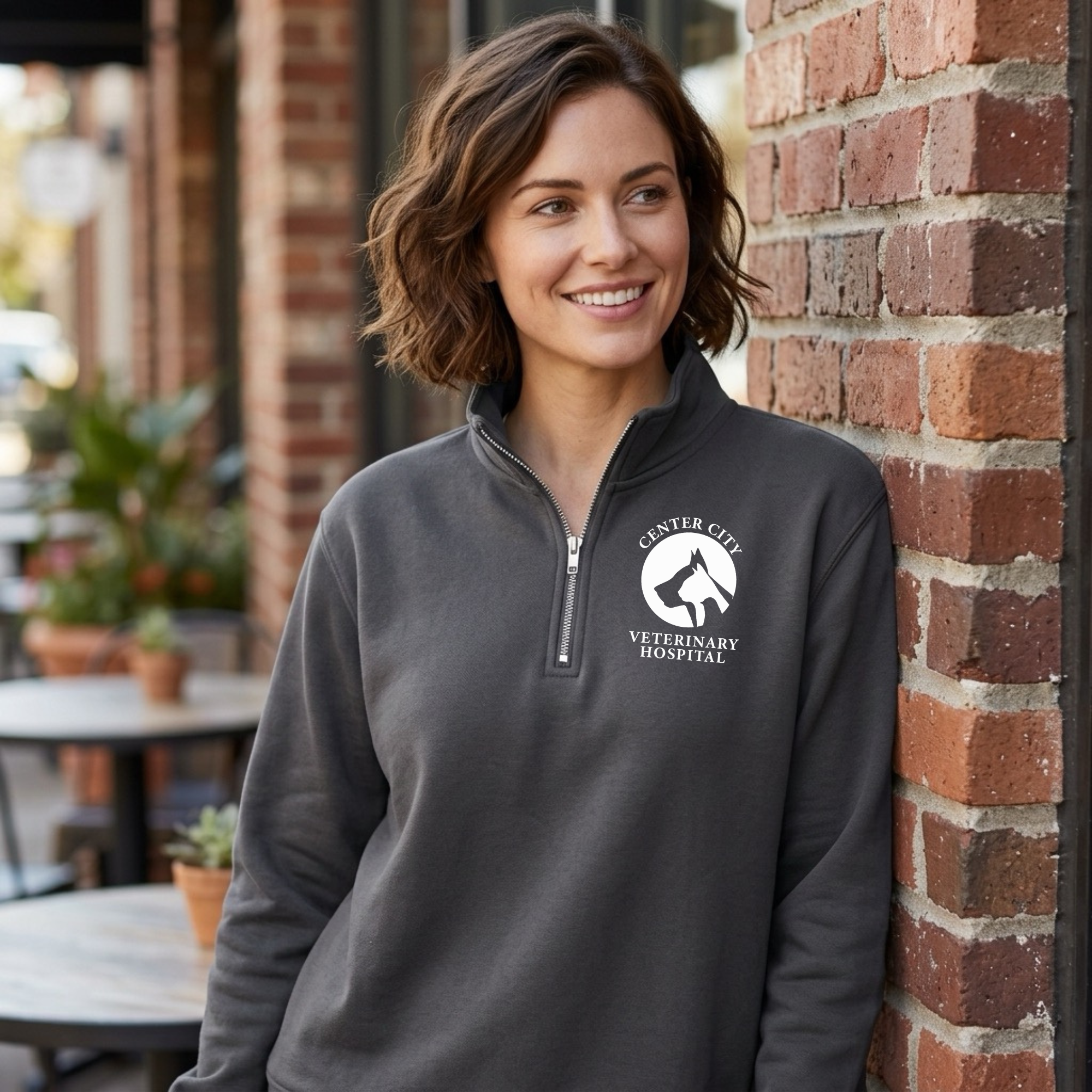 Winks Design Studio Center City Vet quarter zip pullover jacket in soft fabric, featuring a quarter zip front and casual fit.