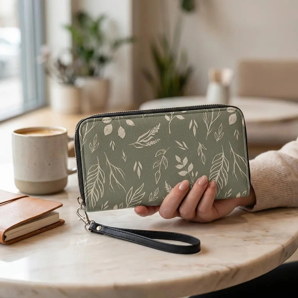 Winks Design Studio, LLC Sage and Stem leather wallet with multiple card slots and a sleek, minimalist design.