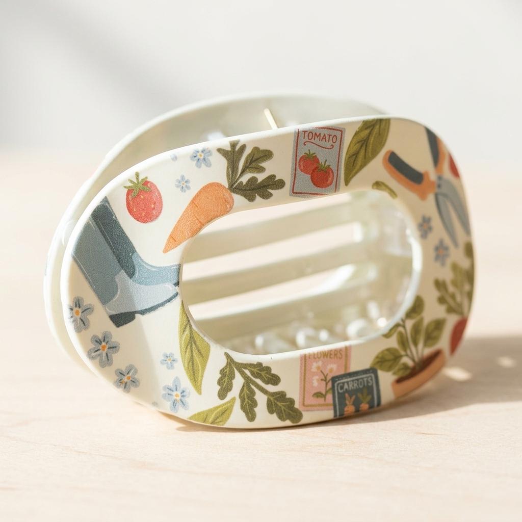Winks Design Studio Garden Essentials claw clip holding hair, made of durable plastic with a sleek, natural finish.