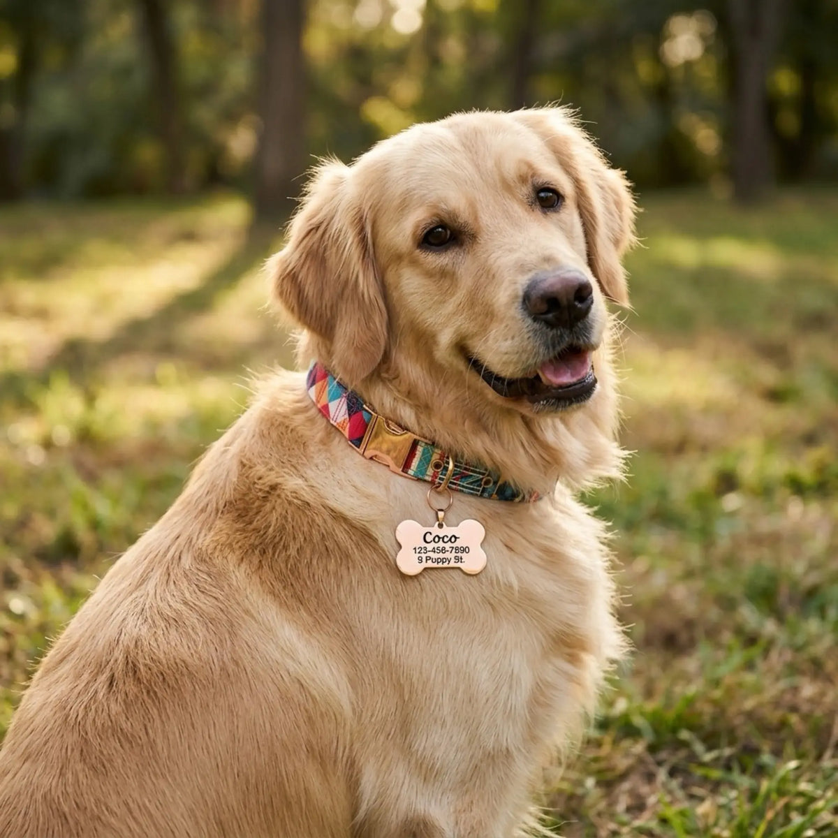 Engraved pet ID tag from Winks Design Studio, LLC, featuring a personalized design and space for pet name and contact info.