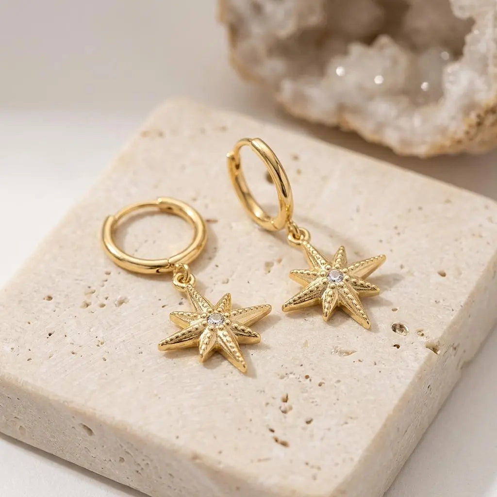 18K gold compass huggie earrings with CZ charm hoops from Winks Design Studio, LLC, featuring small, stylish hoop earrings with compass design.