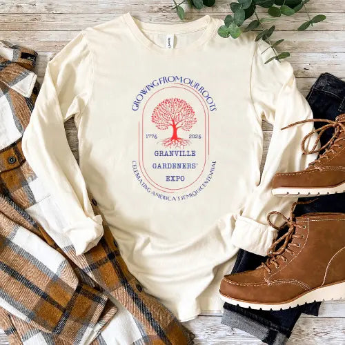 Granville Gardeners 2026 semi-quincentennial T-shirt by Winks Design Studio featuring a colorful printed graphic on front.
