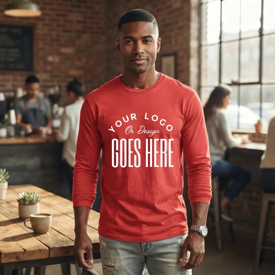 Heather red custom long sleeve t-shirt with a large white "Your Logo or Design Goes Here" center chest placeholder print
