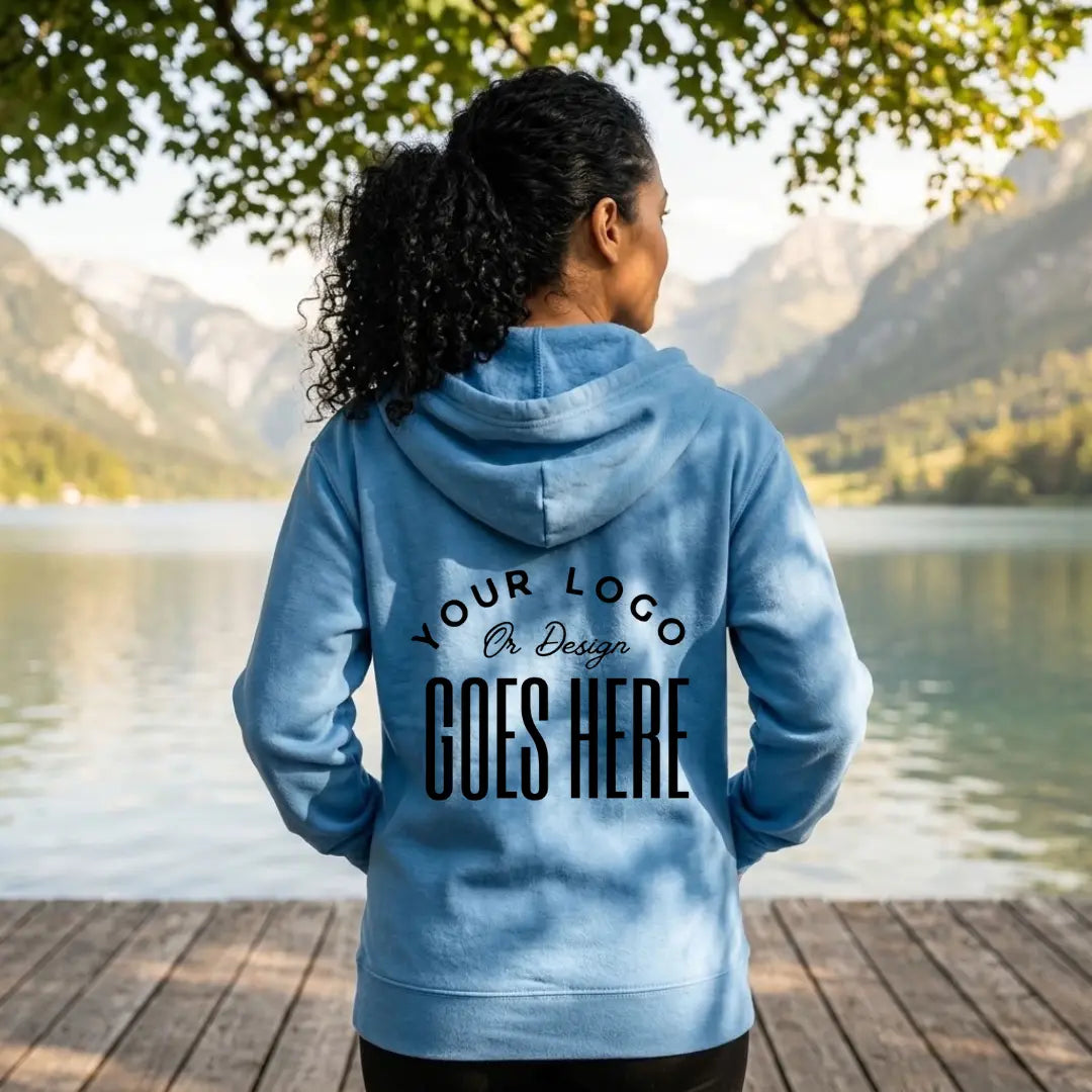 Back view of a light blue custom hoodie with a large black "Your Logo or Design Goes Here" full back placeholder print