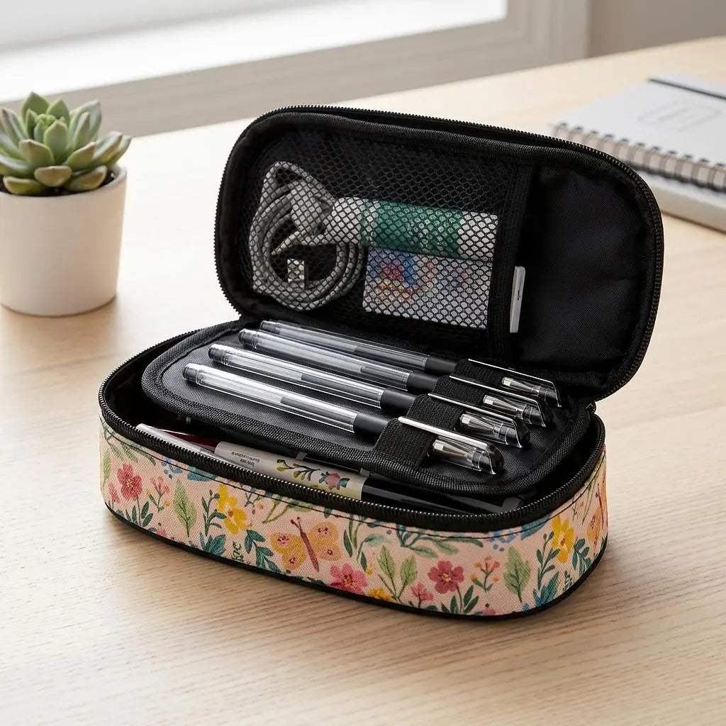 Winks Design Studio Storybook Garden 3-layer pencil case with colorful floral design and multiple compartments for pens and pencils.