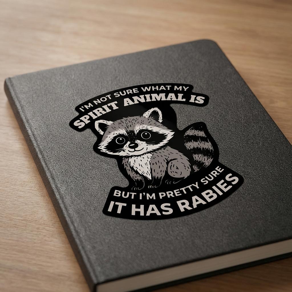 Funny raccoon spirit animal sticker from Winks Design Studio featuring a playful raccoon illustration on a clear background.