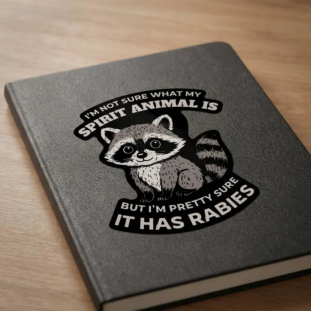 Funny raccoon spirit animal sticker from Winks Design Studio featuring a playful raccoon illustration on a clear background.