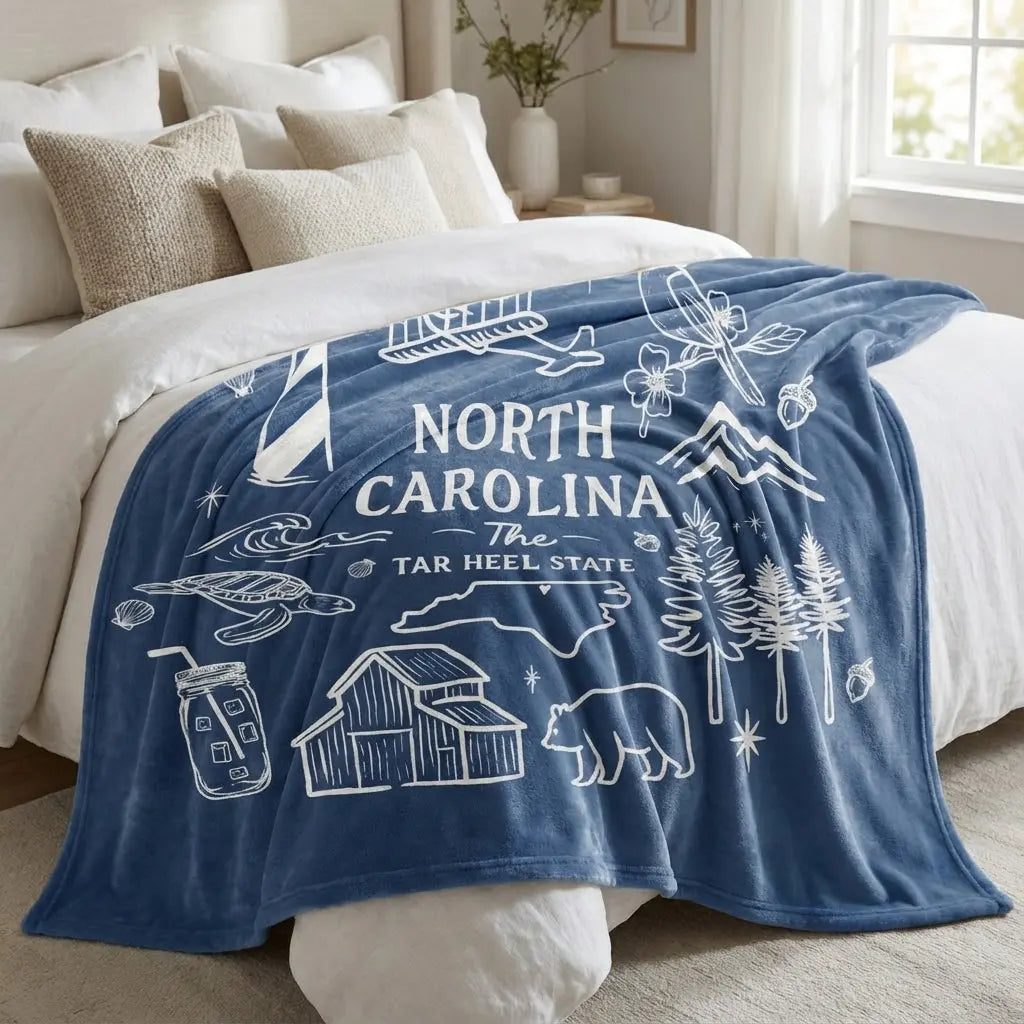 North Carolina fleece blanket with hand-drawn state icons, 80x60 inches, by Winks Design Studio, LLC, featuring oversized, detailed illustrations.
