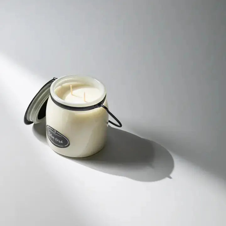 Milkhouse Candle Coffee Break 16 oz butter jar candle by Winks Design Studio with a cozy coffee-themed design and warm glow.