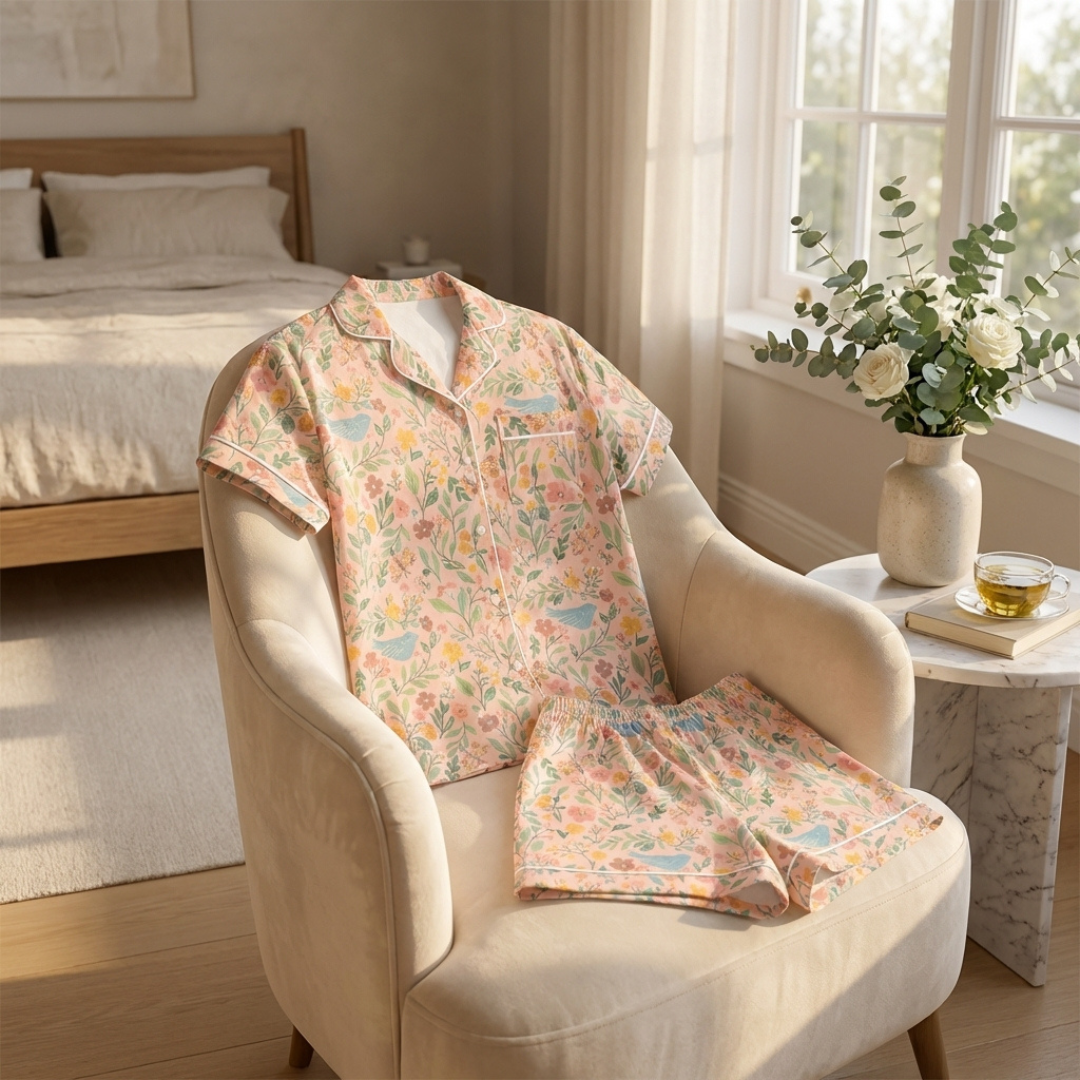 Winks Design Studio floral storybook garden pajama set, 2-piece lounge pajamas with colorful floral pattern, soft fabric for comfortable sleep.