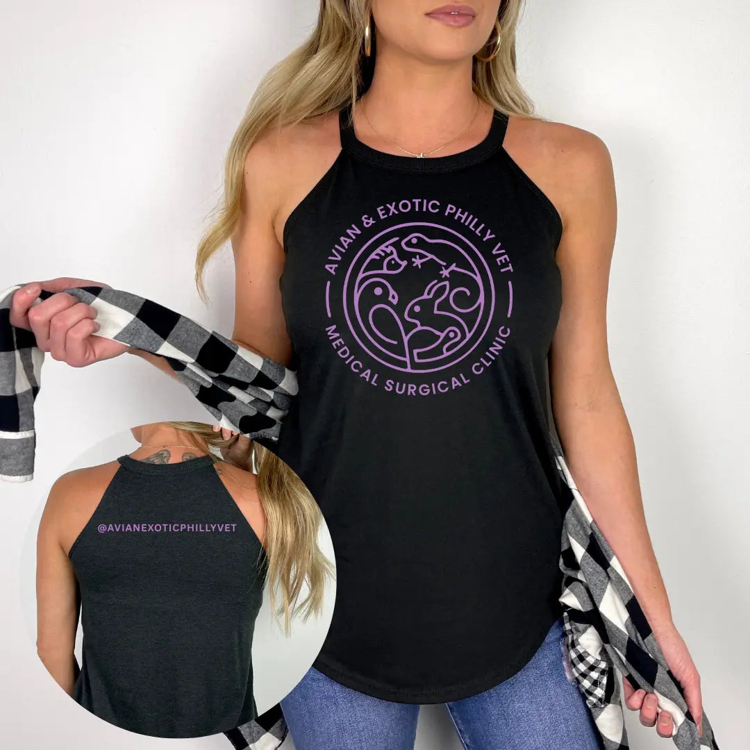 Winks Design Studio LLC Avian Exotic Halter Tank top featuring colorful, patterned fabric with halter neckline and sleeveless design.