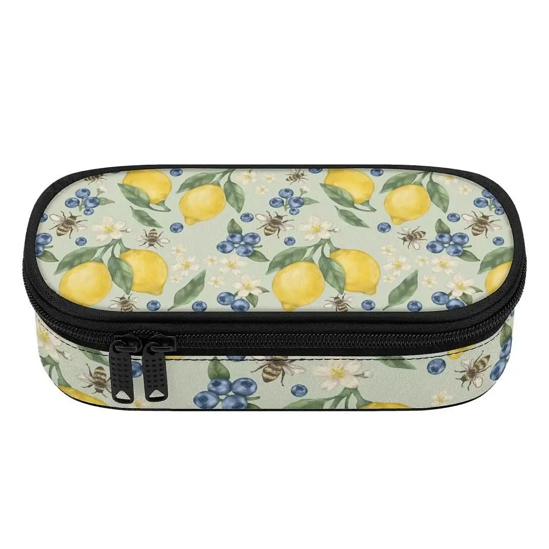 Lemonberry Bloom 3-layer pencil bag by Winks Design Studio, LLC with colorful floral pattern and zipper closure.