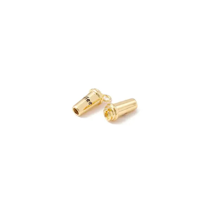 Gold coffee charm by Winks Design Studio, LLC, featuring a detailed coffee cup design, perfect for jewelry or crafts.