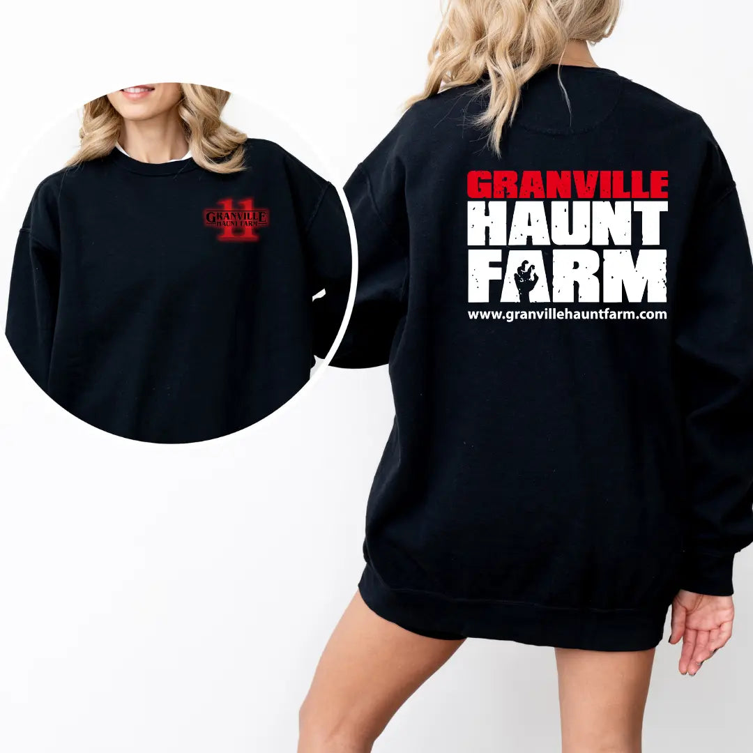 Winks Design Studio Granville Haunt Farm crewneck sweatshirt featuring a cozy, printed design on soft fabric.